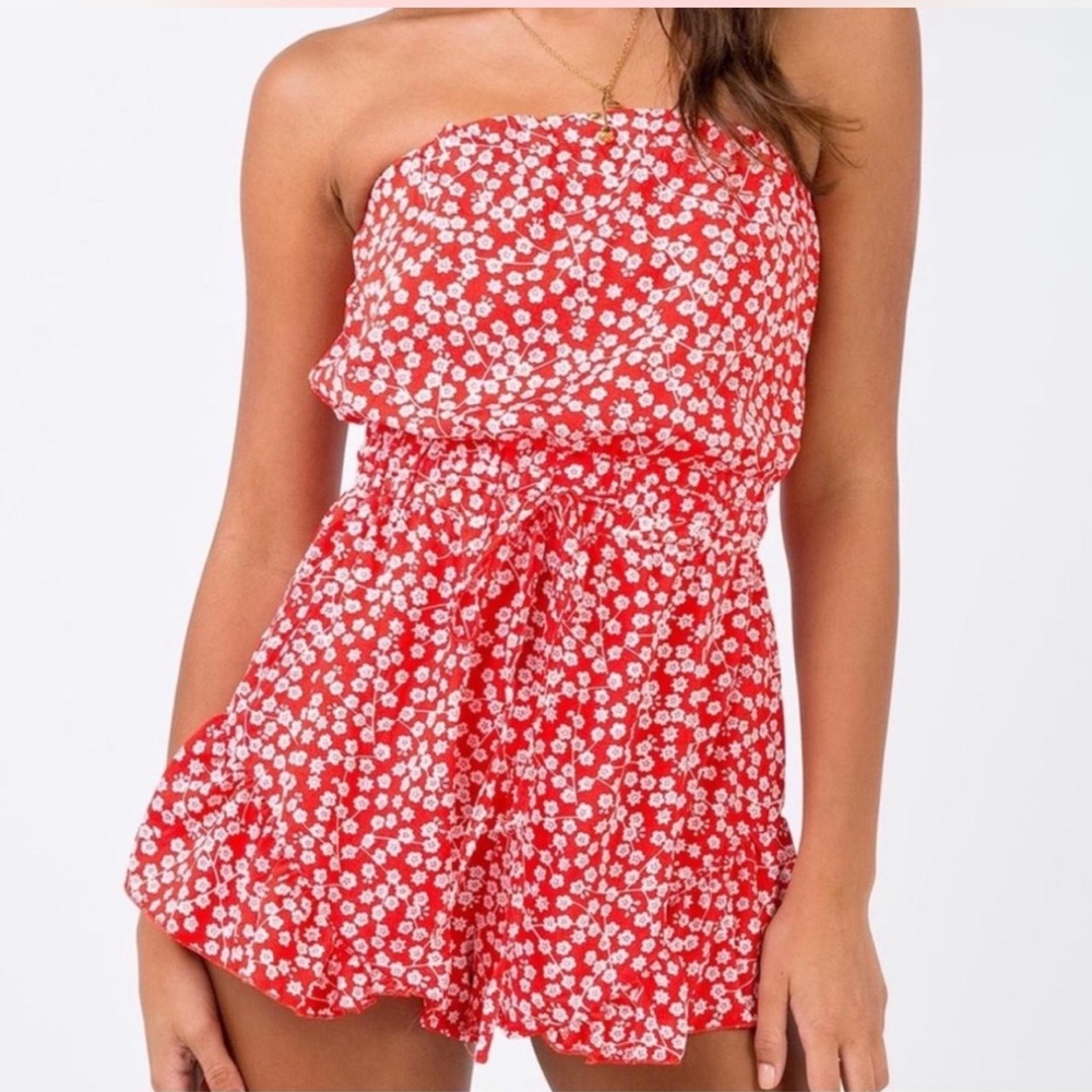Princess Polly Red Floral Strapless Romper